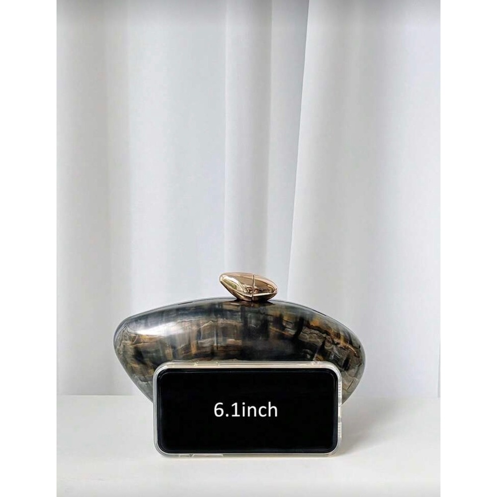 Marbled Resin Pebble Clutch Bag Gold Chain Strap Evening Purse Amber Black - Picture 7 of 8